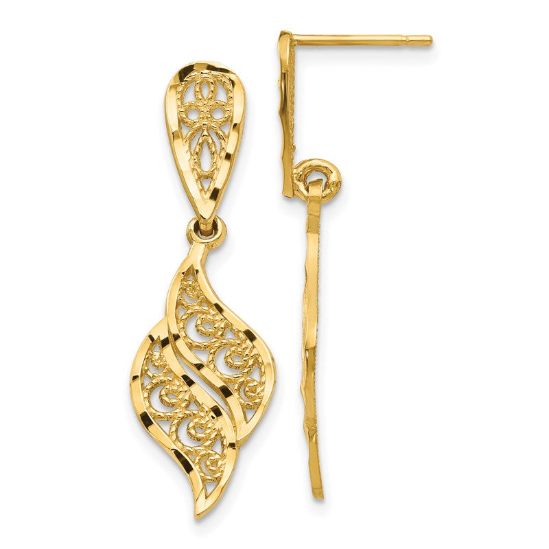 14k Polished Diamond-Cut Filigree Swirl Dangle Post Earrings F989