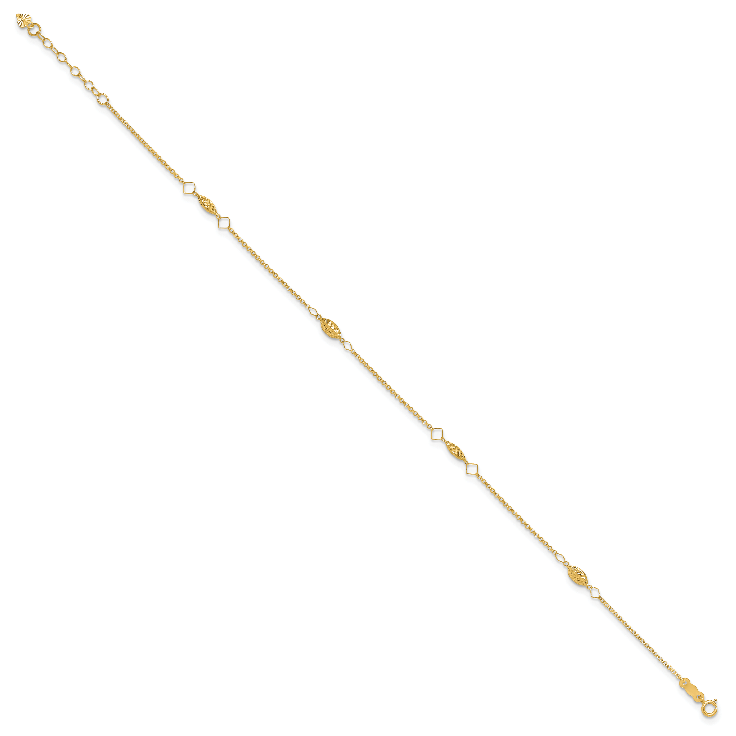 14K Diamond-cut Rice Puff Beads 4-Station 9 inch Plus 1 inch Extender - Total 10 inch Anklet ANK272
