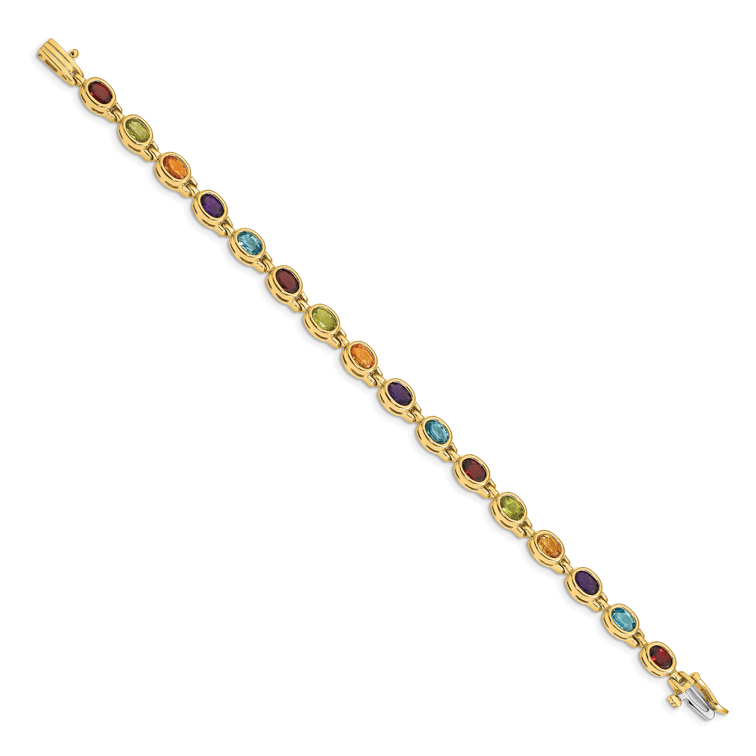 14k Complete Oval Garnet/Peridot/Citrine/Amethyst/Sky Blue Topaz Bezel-set 7 inch Rainbow Bracelet CB698