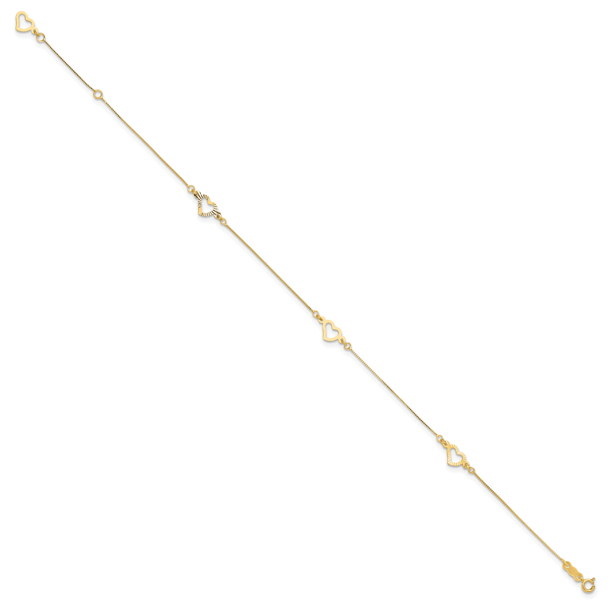 14K Fancy Open Hearts 3-Station 9 inch Plus 1 inch Extender - Total 10 inch Anklet ANK157