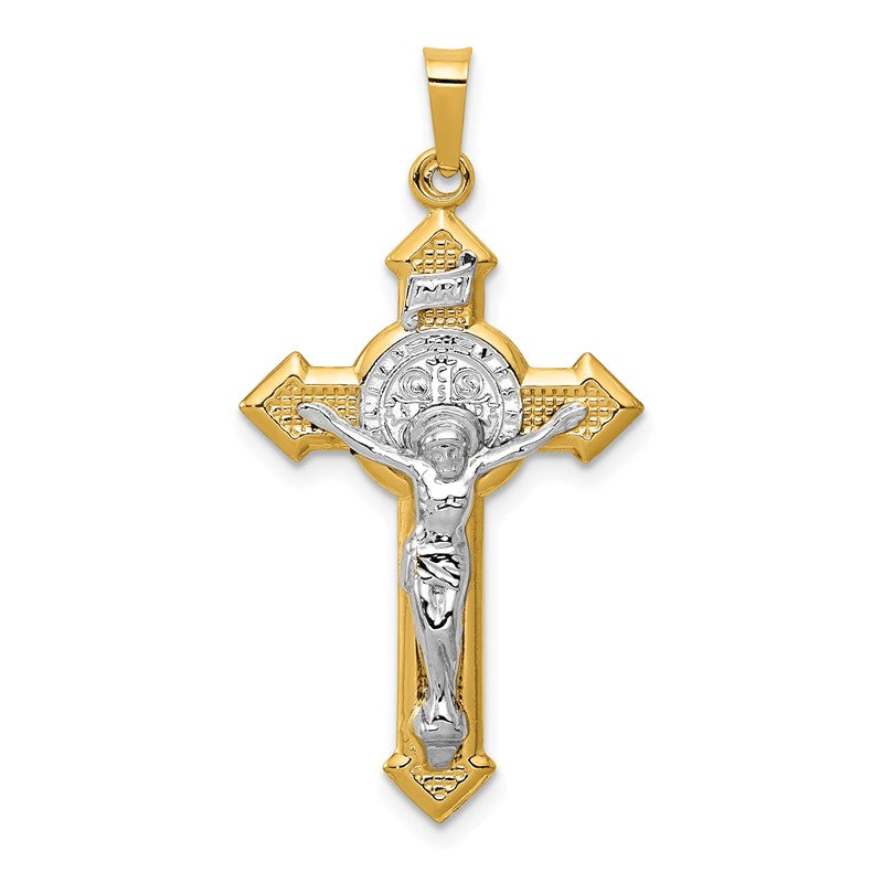 14k and White Rhodium St. Benedict Hollow Medal INRI Crucifix Pendant XR1685