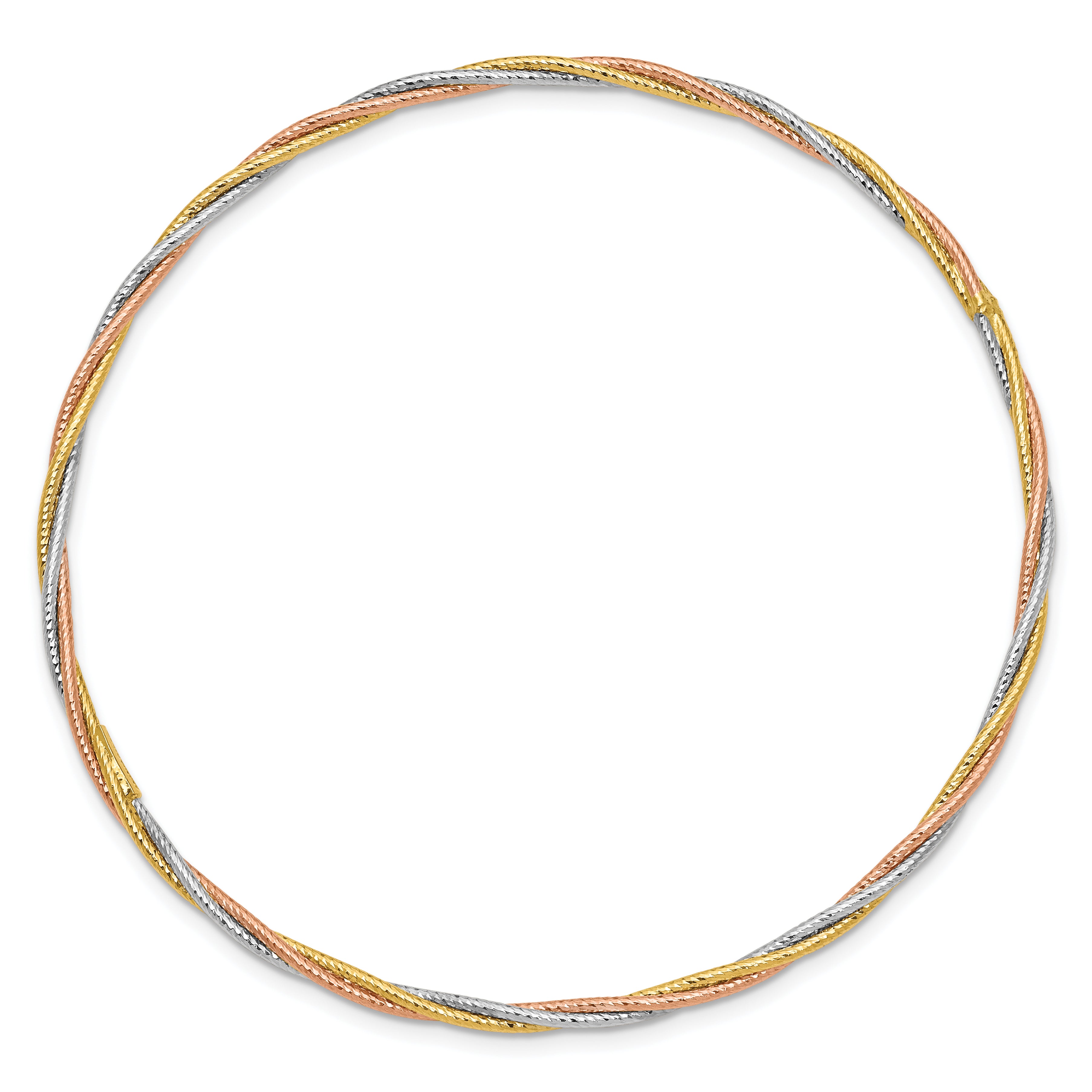 14k Tri-color Polished Diamond-cut Twisted 2.00mm Slip-on Round Bangle Bracelet DB575