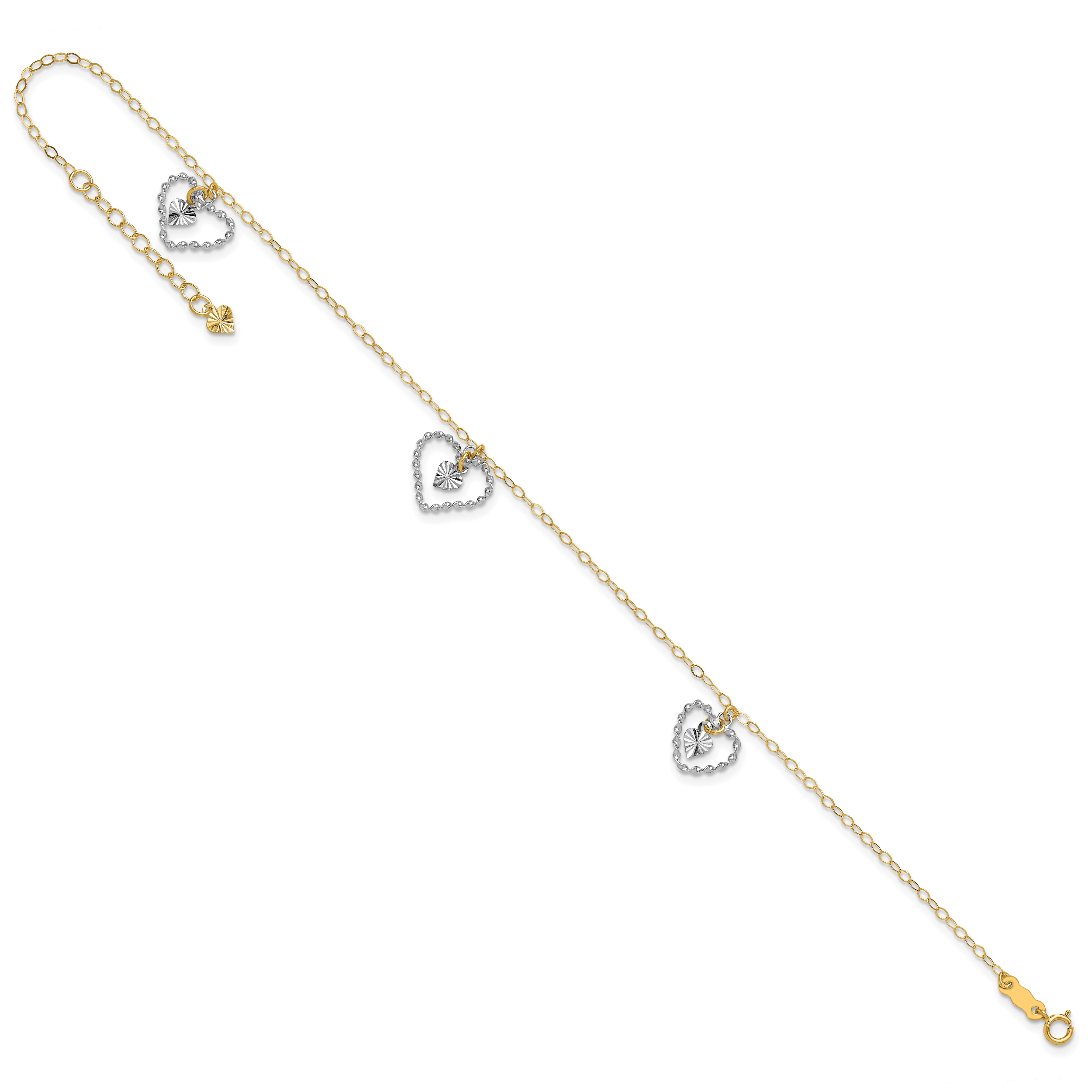 14K Two-tone Twisted Diamond-cut 3 Heart Dangles 9 inch Plus 1 inch Extender - Total 10 inch Anklet ANK258