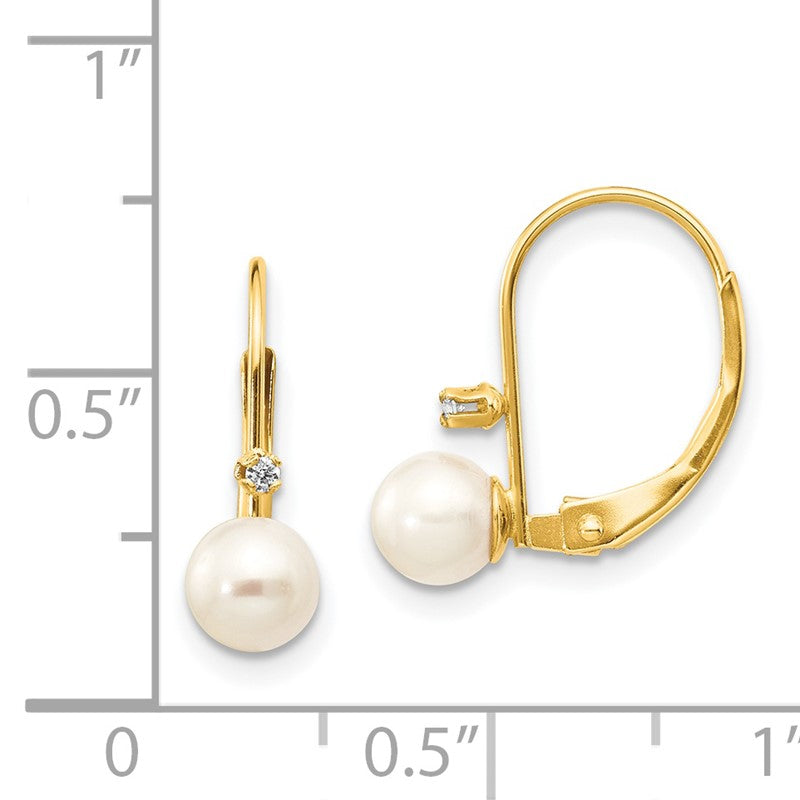 14k 5-6mm White Round Freshwater Cultured Pearl and .02 Carat Diamond Leverback Earrings XF248E