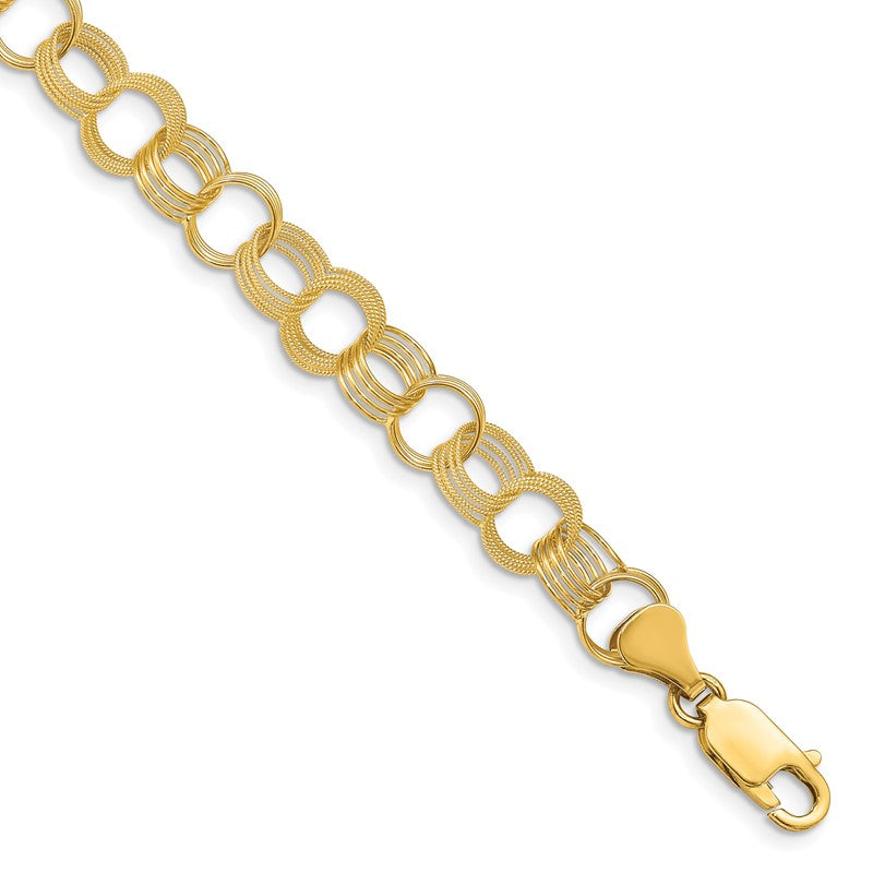 14k 8mm Solid Polished and Textured Triple Link 7 inch Charm Bracelet DO533