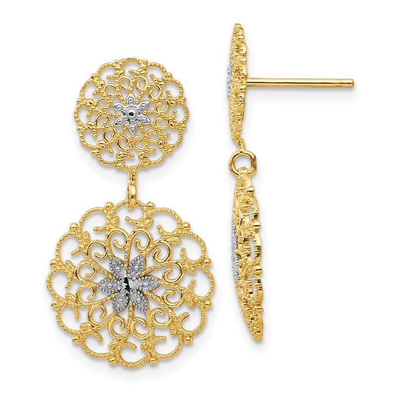 14K and White Rhodium Diamond-cut Filigree Medallion Drop Post Earrings K4345