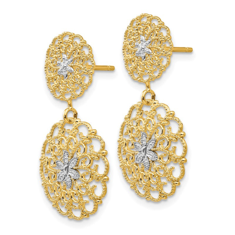 14K and White Rhodium Diamond-cut Filigree Medallion Drop Post Earrings K4345