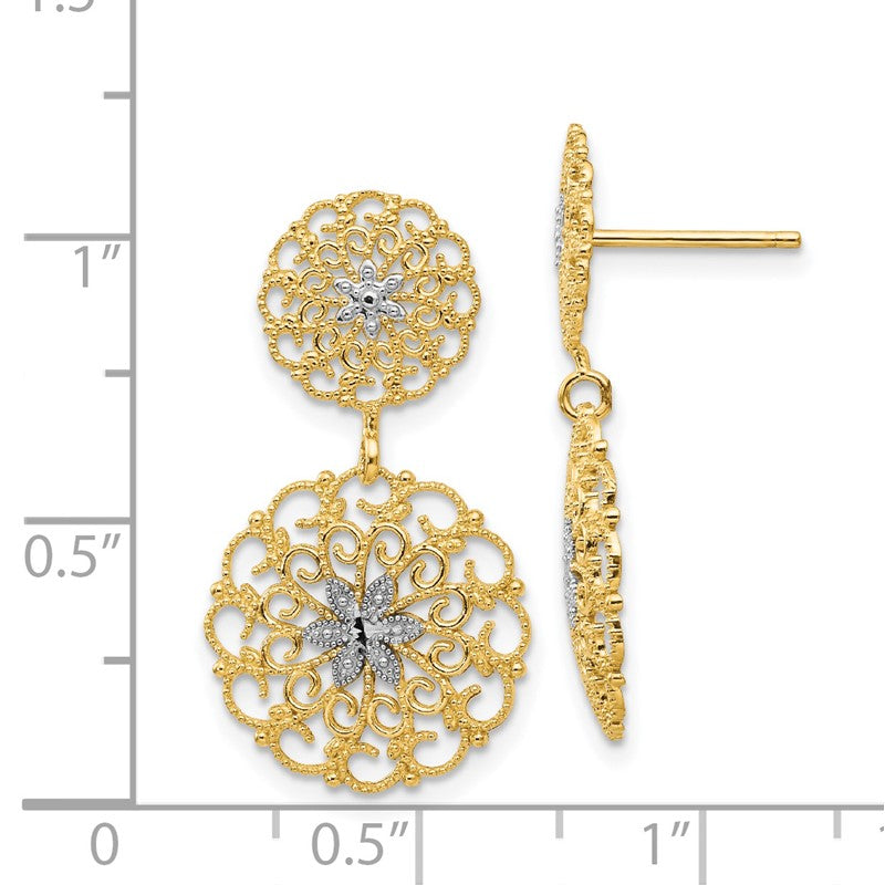 14K and White Rhodium Diamond-cut Filigree Medallion Drop Post Earrings K4345
