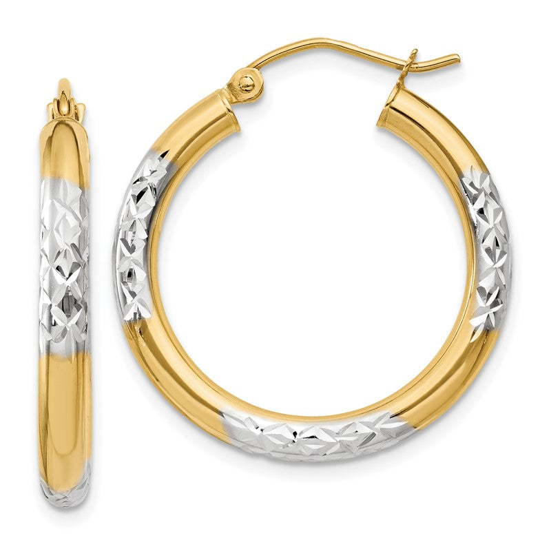 14K and Rhodium Diamond-cut 3x25mm Hoop Earrings TC831