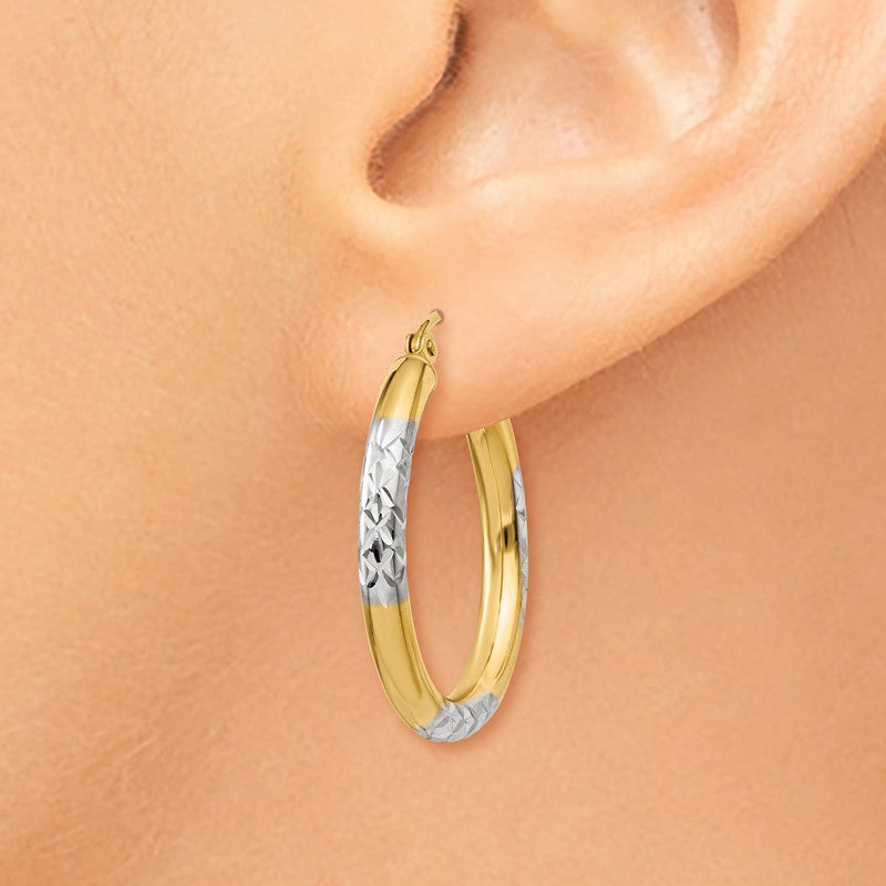 14K and Rhodium Diamond-cut 3x25mm Hoop Earrings TC831