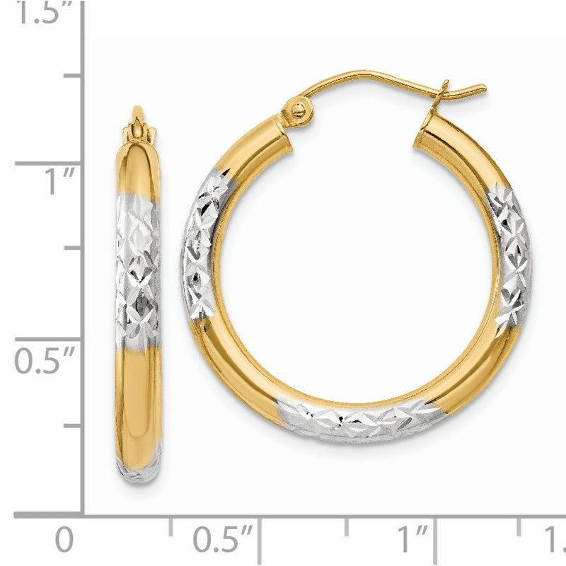 14K and Rhodium Diamond-cut 3x25mm Hoop Earrings TC831