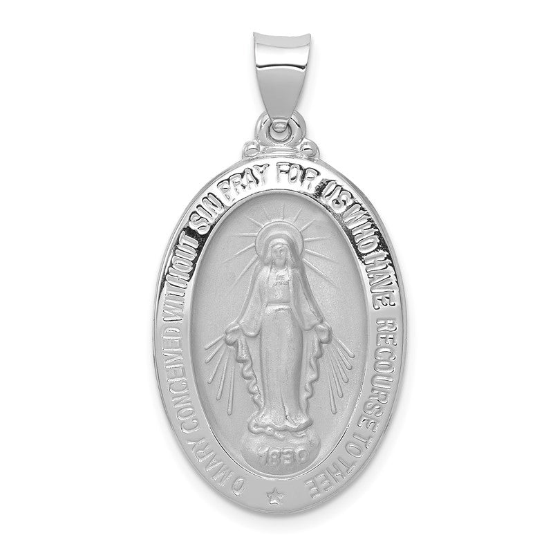 14k White Gold Polished and Satin Hollow Miraculous Medal Oval Pendant XR1404