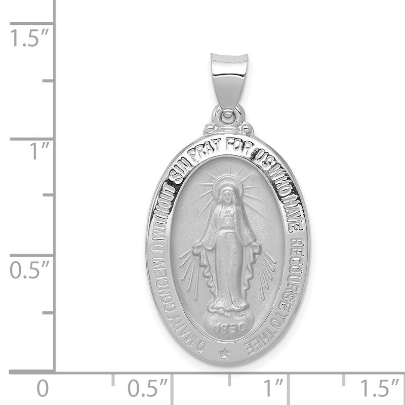 14k White Gold Polished and Satin Hollow Miraculous Medal Oval Pendant XR1404