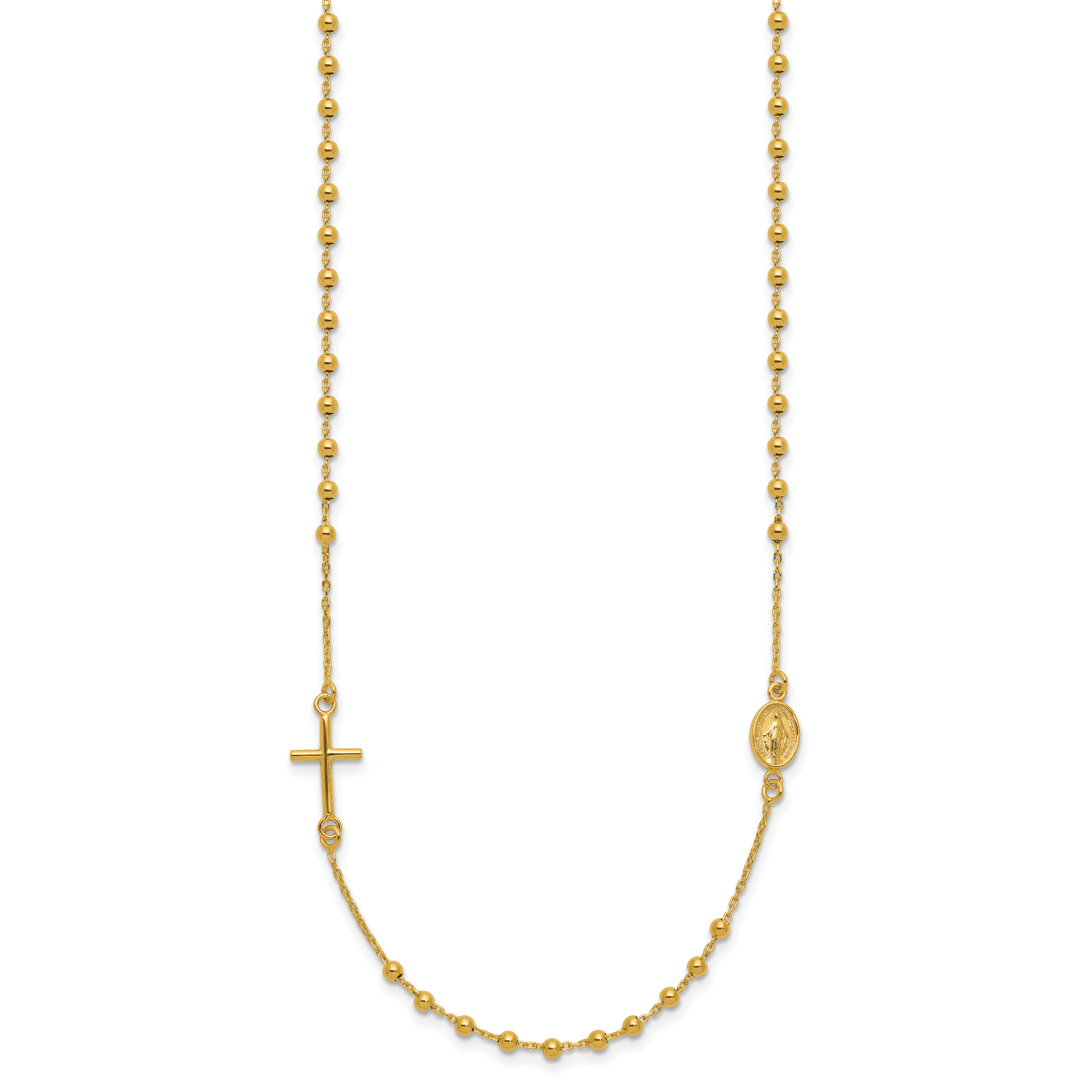 14k Polished Cross and Miraculous Medal Beaded Rosary Design 16 inch Necklace SF2504