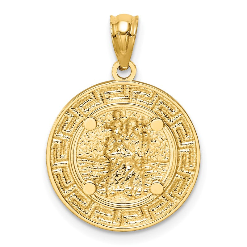 14K and White Rhodium Solid St. Christopher Medal Greek Key Edge Round Pendant C4713