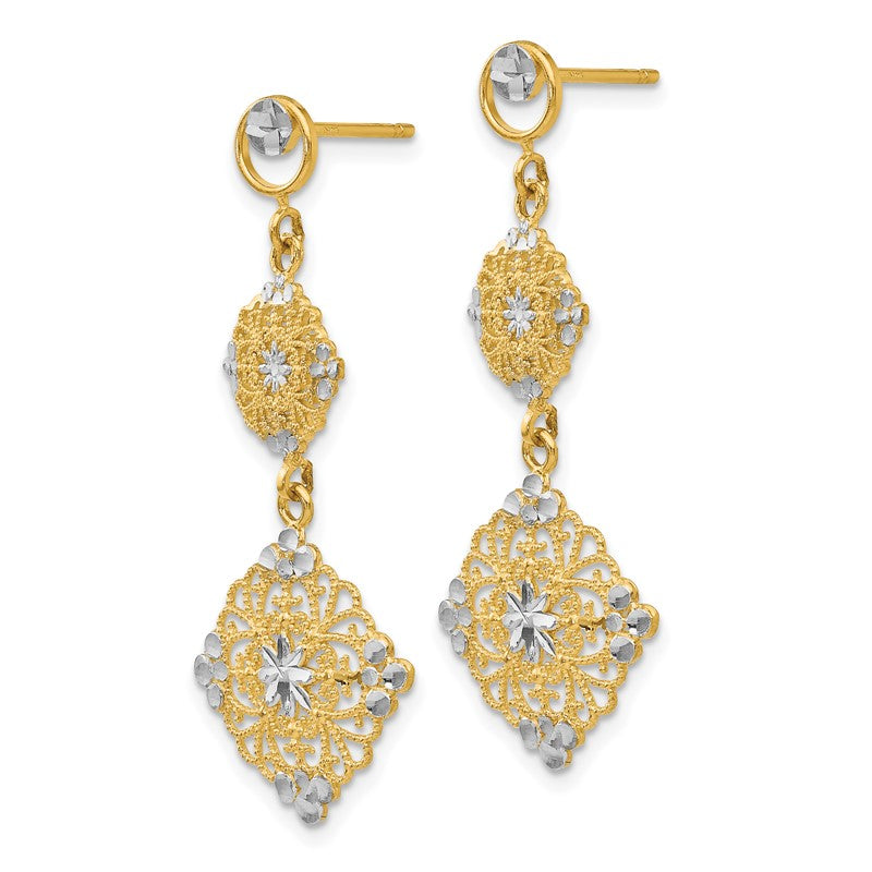 14k and White Rhodium Diamond-cut Filigree Dangle Post Earrings TF392