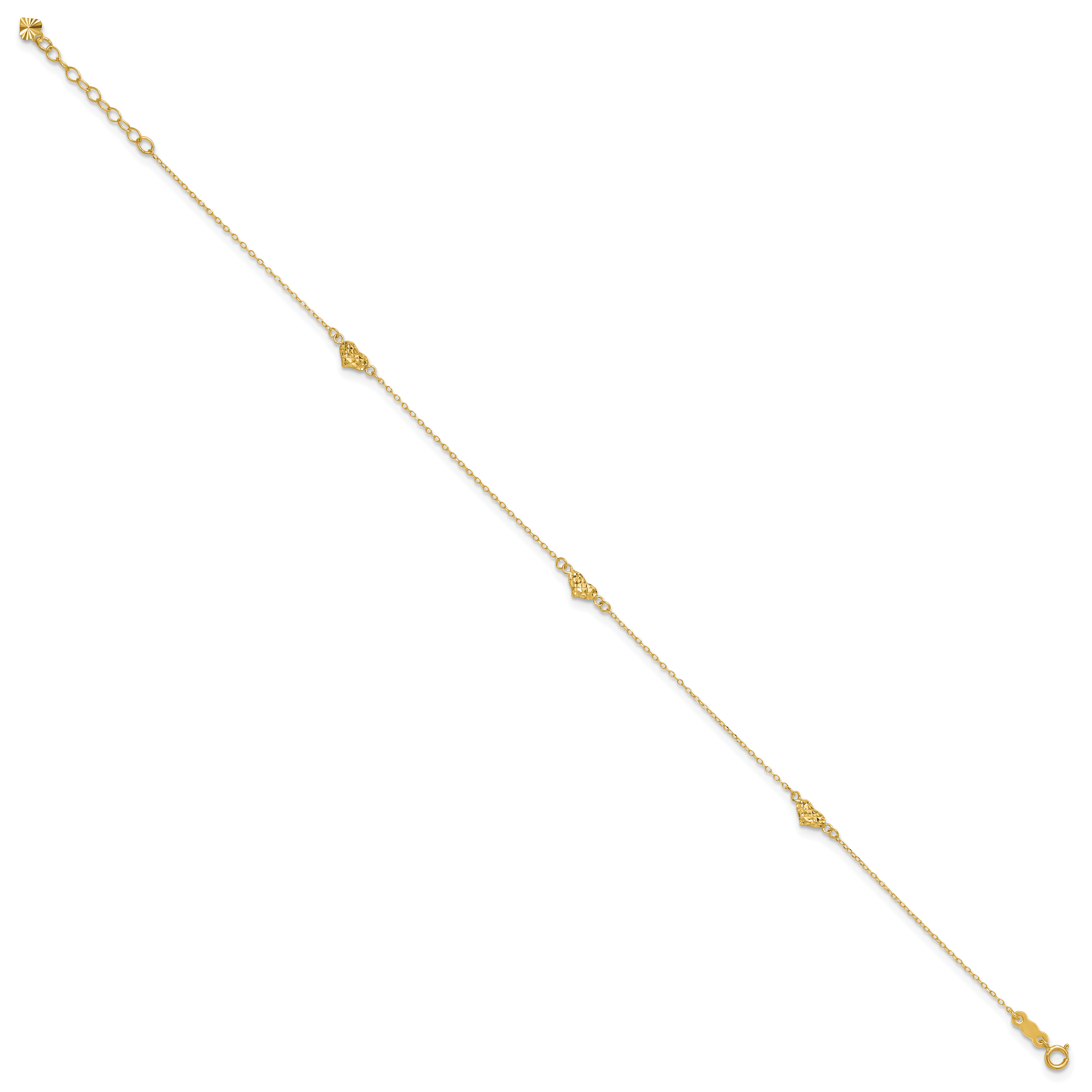 14k Polished Diamond-cut Triple Puffed Hearts 9 inch Plus 1 inch Extender - Total 10 inch Anklet ANK287