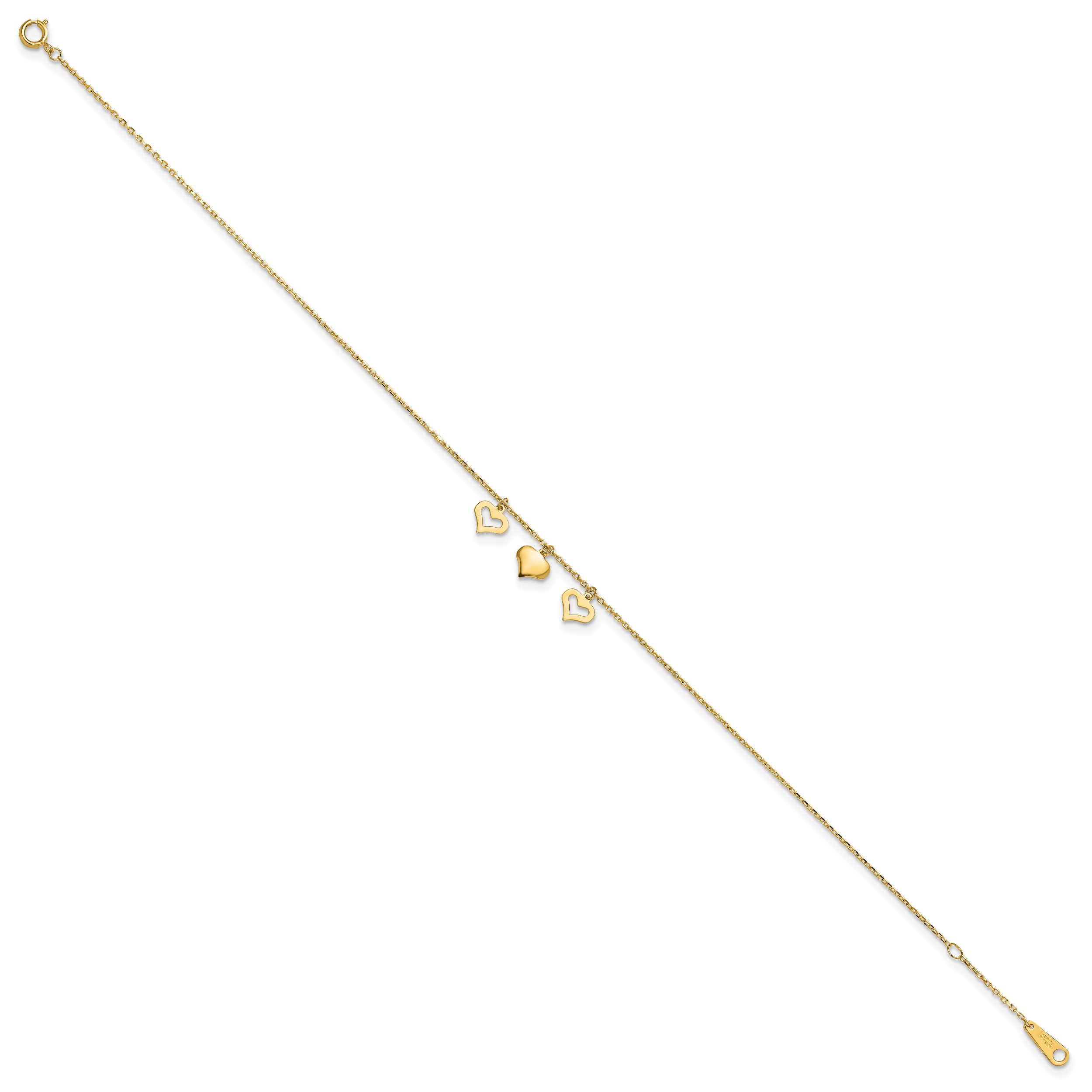 14k Three Heart Dangles 9 inch Plus 1 inch Extender - Total 10 inch Anklet ANK233