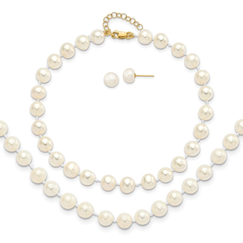 14k 6-7mm White Round Freshwater Cultured Pearl 7.25 inch with 1 Extender Bracelet/18 inch with 2 inch Extender Necklace/Button Earrings Set XF454SET