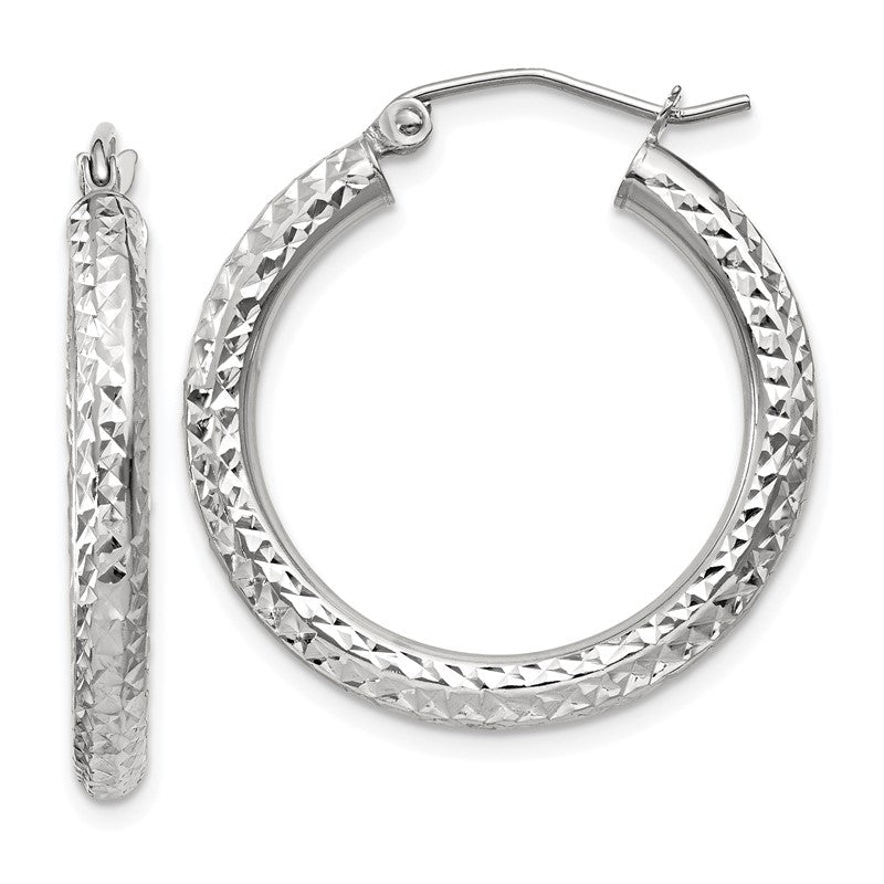 14k White Gold 3x25mm Diamond-cut Round Tube Hoop Earrings TC253