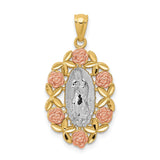 14K Two-Tone with White Rhodium Our Lady of Guadalupe with Flowers Oval Pendant C4520