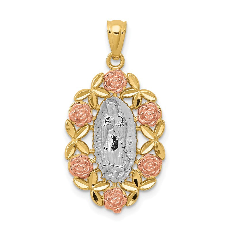 14K Two-Tone with White Rhodium Our Lady of Guadalupe with Flowers Oval Pendant C4520
