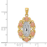 14K Two-Tone with White Rhodium Our Lady of Guadalupe with Flowers Oval Pendant C4520