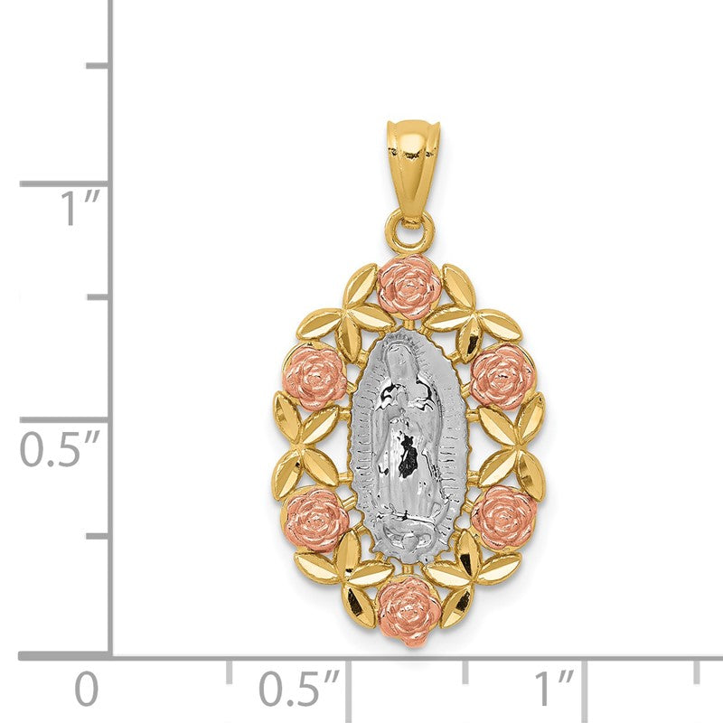 14K Two-Tone with White Rhodium Our Lady of Guadalupe with Flowers Oval Pendant C4520
