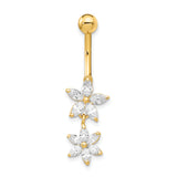 14k 14 Gauge CZ 2-Flower Dangle Belly Ring BD143