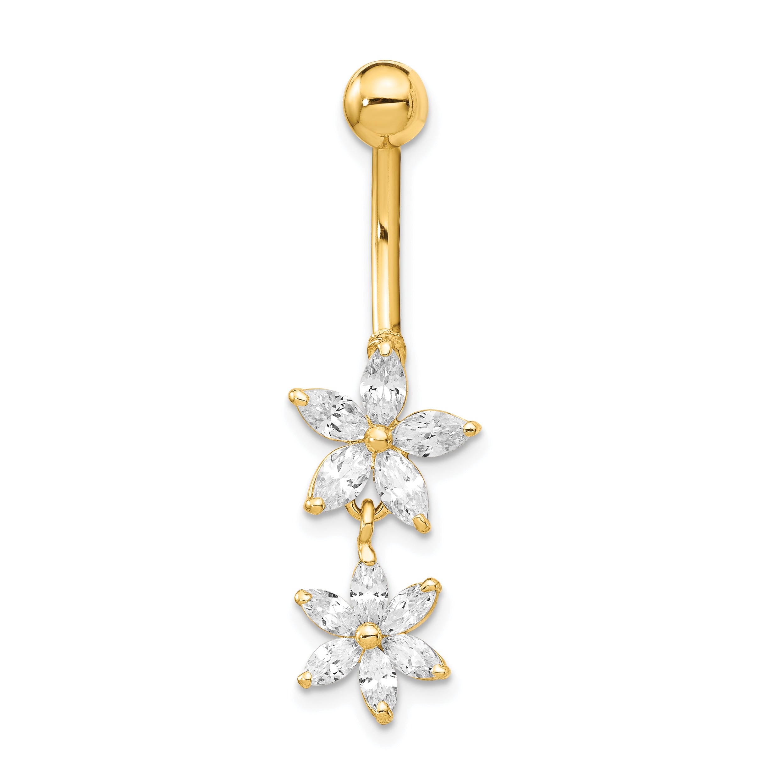 14k 14 Gauge CZ 2-Flower Dangle Belly Ring BD143