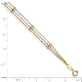 14k Tri-color 3-Strand Diamond-cut Beaded 9-Station 9 inch Plus 1 inch Extender - Total 10 inch Anklet ANK290