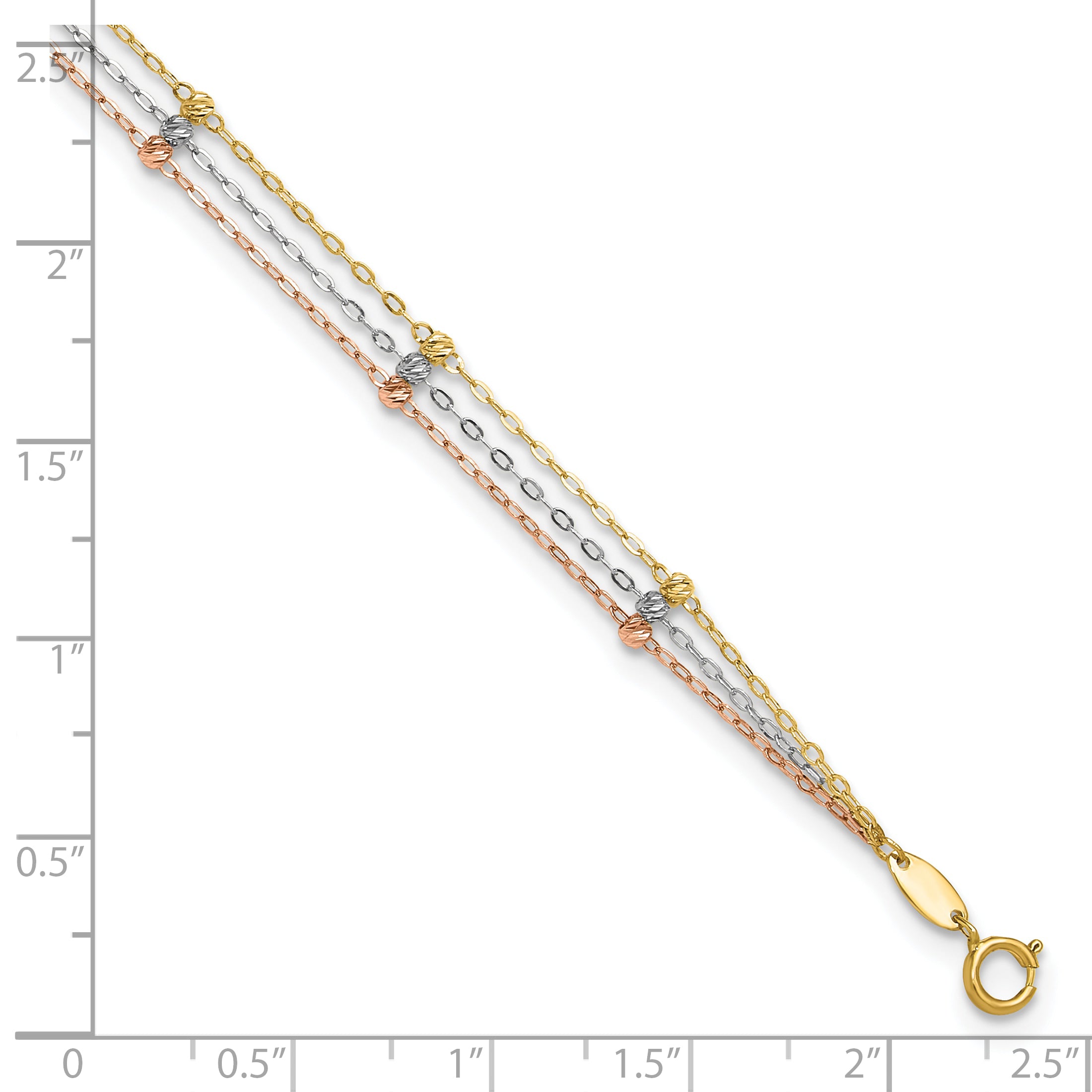 14k Tri-color 3-Strand Diamond-cut Beaded 9-Station 9 inch Plus 1 inch Extender - Total 10 inch Anklet ANK290