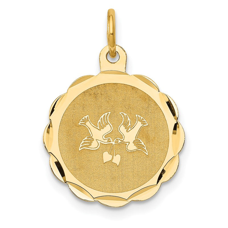 14k Love Birds Scalloped Border Engravable Disc Charm XAC514