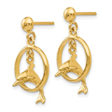14K Polished 3-D Dolphin Jumping Through Hoop Dangle Post Earrings H1132