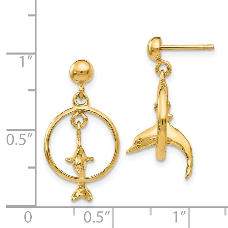 14K Polished 3-D Dolphin Jumping Through Hoop Dangle Post Earrings H1132