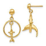 14K Polished 3-D Dolphin Jumping Through Hoop Dangle Post Earrings H1132