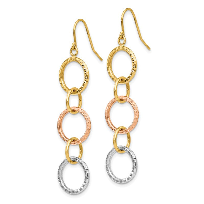 14k Tri-Color Diamond-Cut Circles Dangle French Hook Earrings TH521
