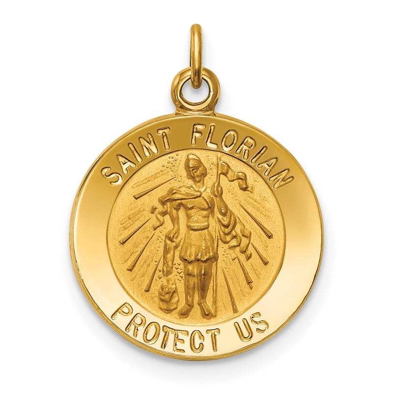 14k Polished and Satin Solid Small St. Florian Medal Round Pendant XR1711