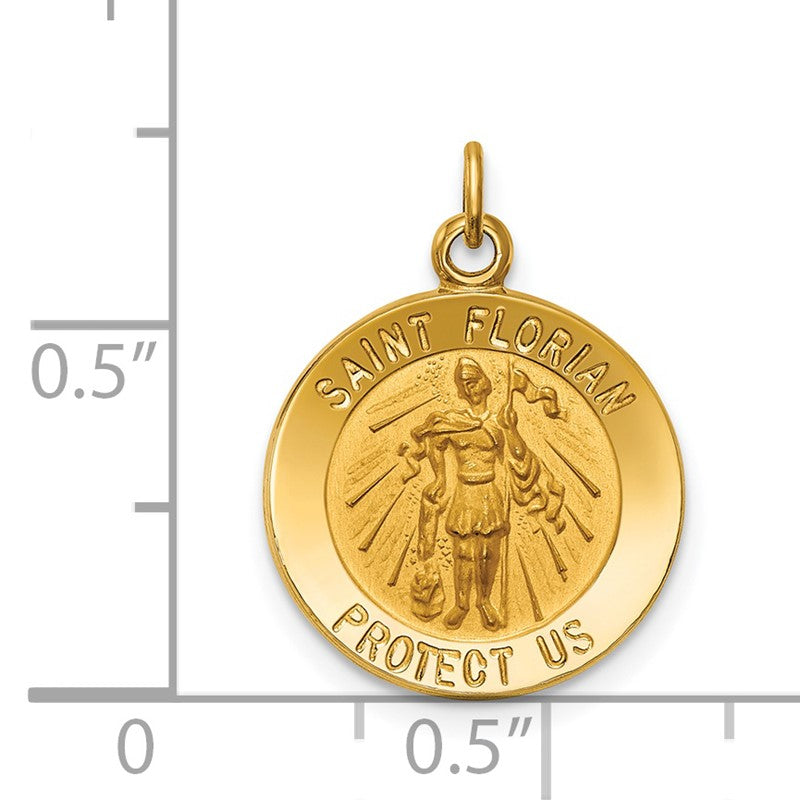 14k Polished and Satin Solid Small St. Florian Medal Round Pendant XR1711