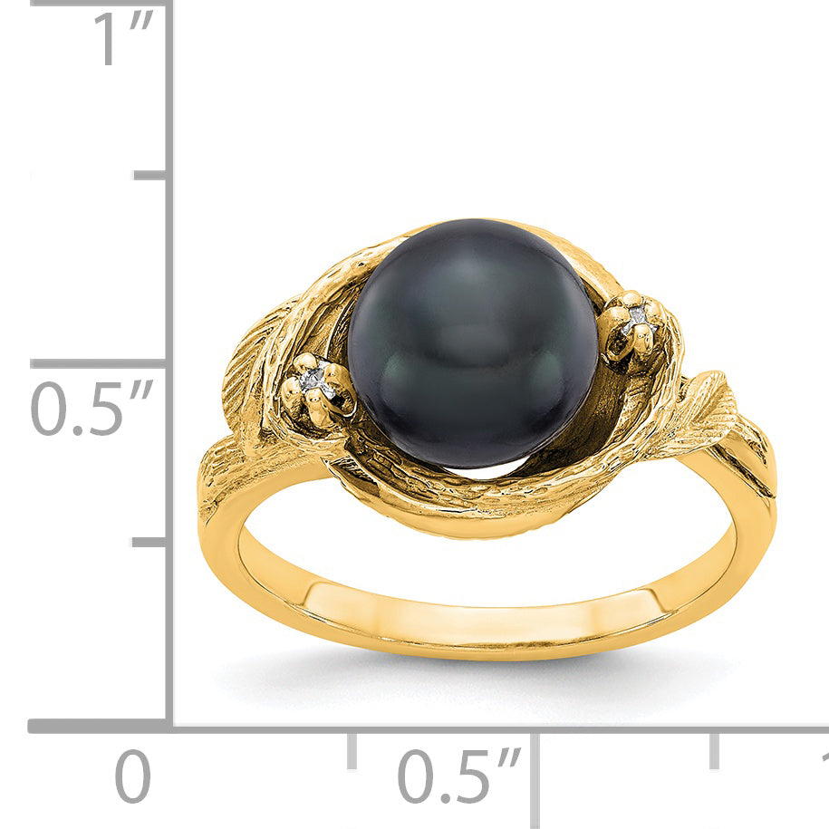 14k 7.5mm Black Freshwater Cultured Pearl and A Diamond Swirl Ring Y4382BP/A