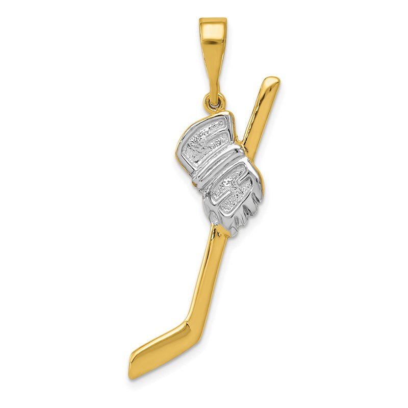 14K and White Rhodium Solid Polished Hockey Stick and Glove Pendant K1126