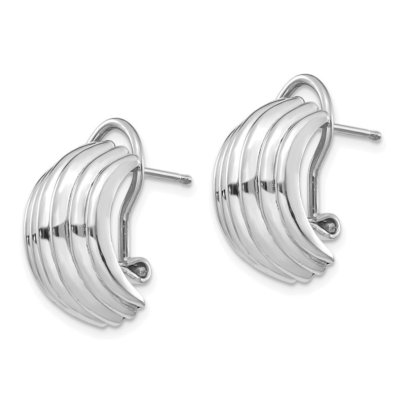 14k White Gold 9.5x16mm Polished Ribbed Half Hoop Omega Back Post Earrings TF214