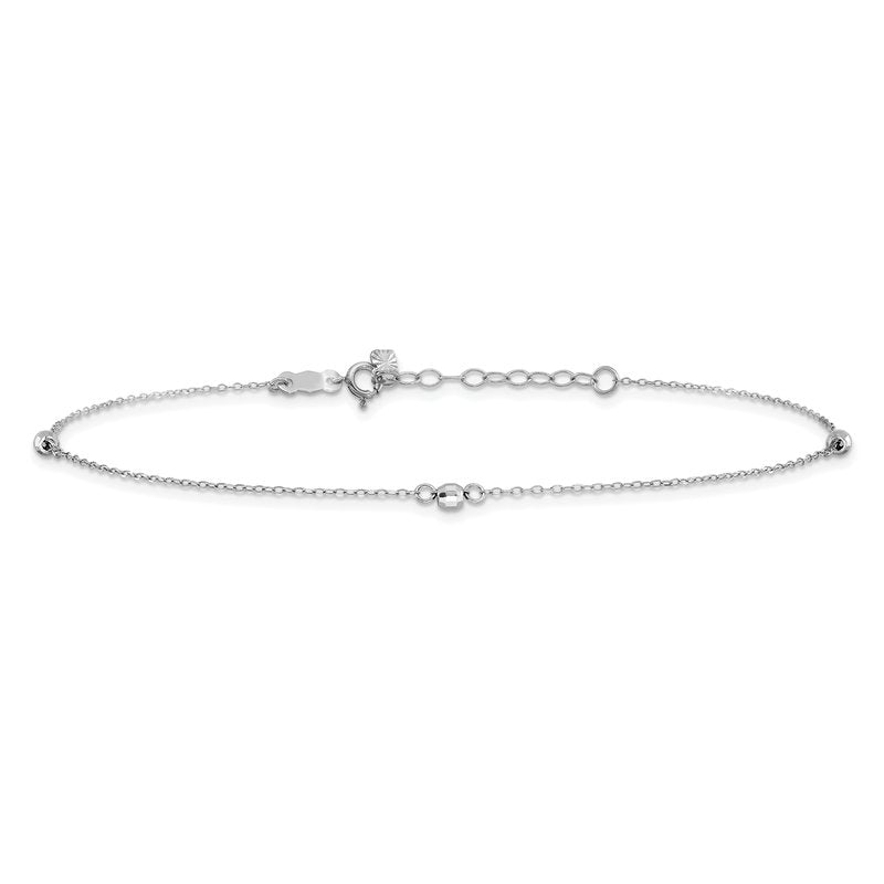 14K White Gold Mirror Beads 3-Station 9 inch Plus 1 inch Extender - Total 10 inch Anklet ANK191