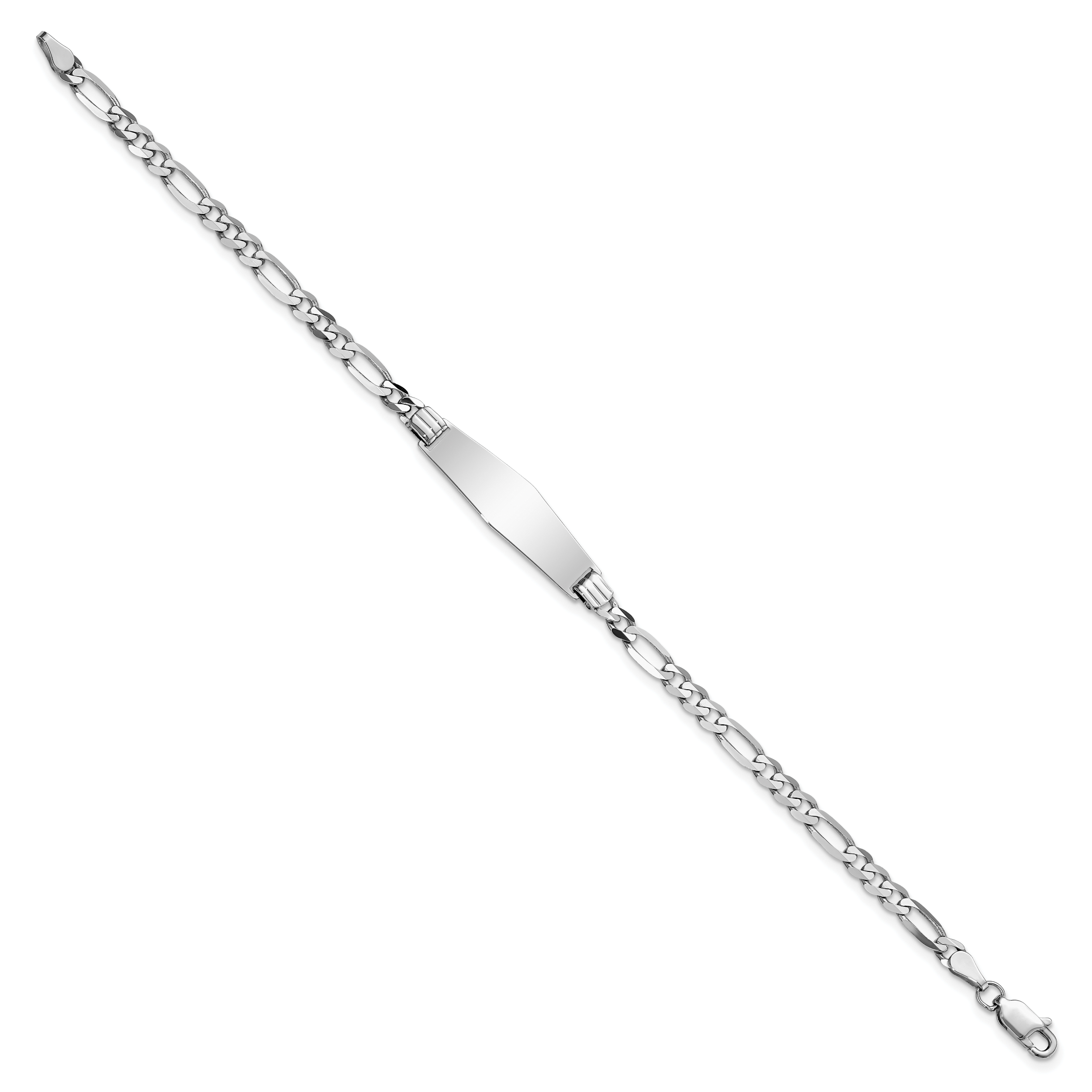 14k White Gold Polished Solid Chain/Solid Plate Figaro Link Soft Diamond Shape 24.5x7.5mm Plate 7 inch ID Bracelet FG100IDCW
