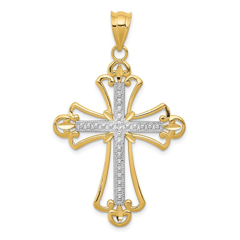 14K and White Rhodium Budded Cross Pendant K3649
