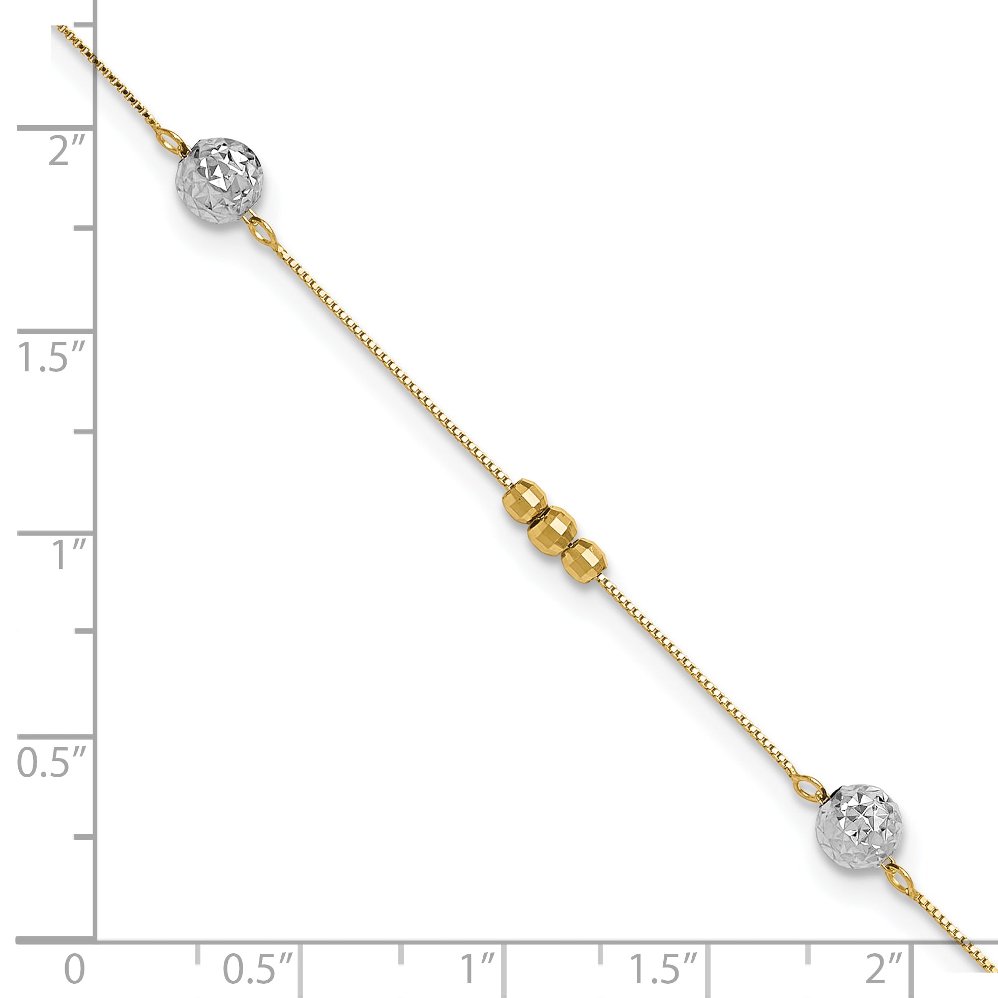 14k Two-tone Textured and Mirror Beads 5-Station 9 inch Plus 1 inch Bead Dangle Extender - Total 10 inch Anklet ANK229