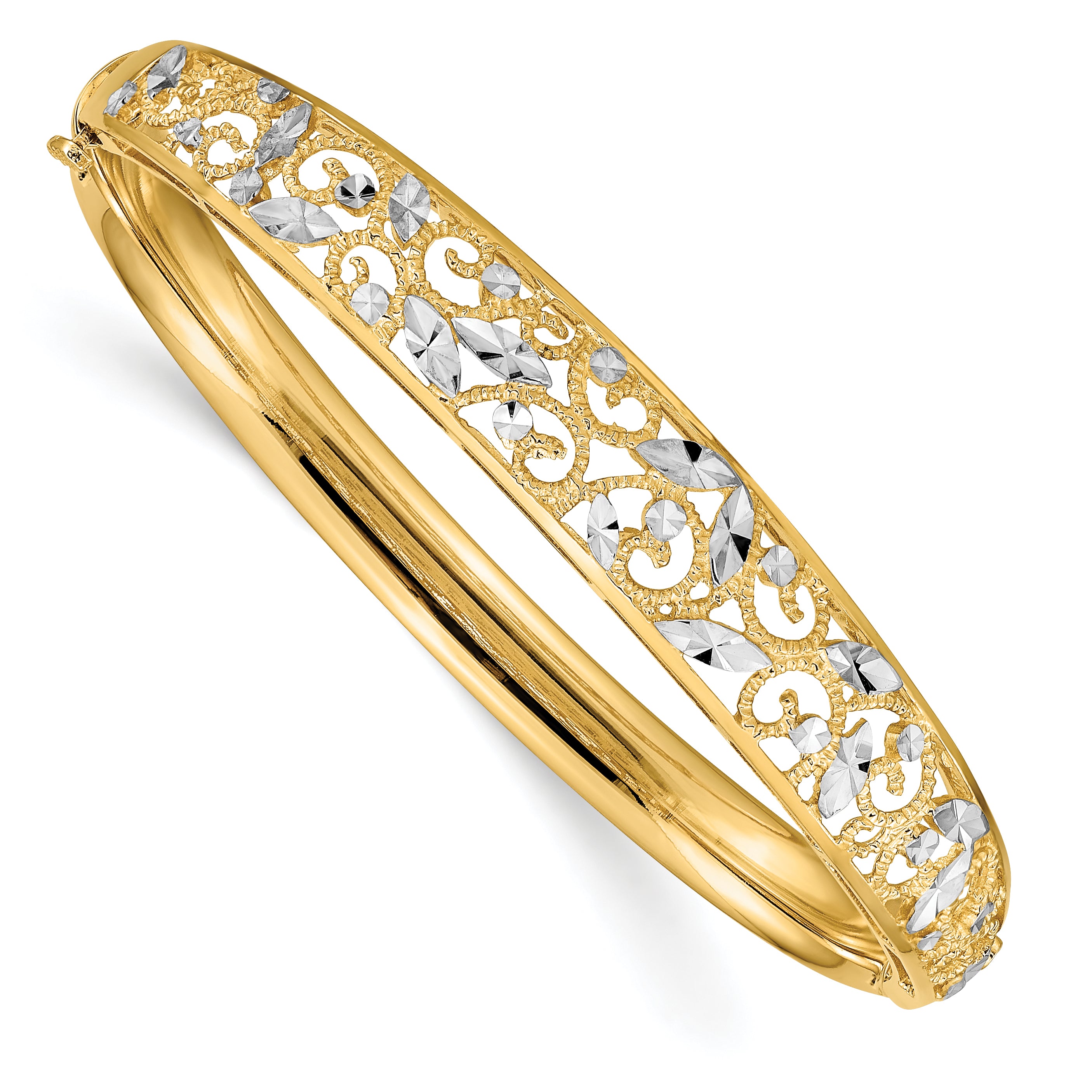 14K with White Rhodium Diamond-cut Filigree Graduated 9.00mm Hinged Oval Bangle Bracelet DB555