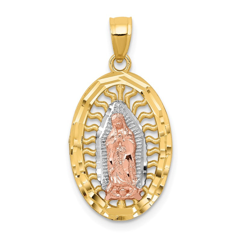 14K Two-tone with White Rhodium Diamond-cut Our Lady of Guadalupe Oval Charm K6349