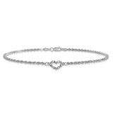 14k White Gold Diamond-cut Open Heart and Rope Chain 10 inch Anklet ANK153