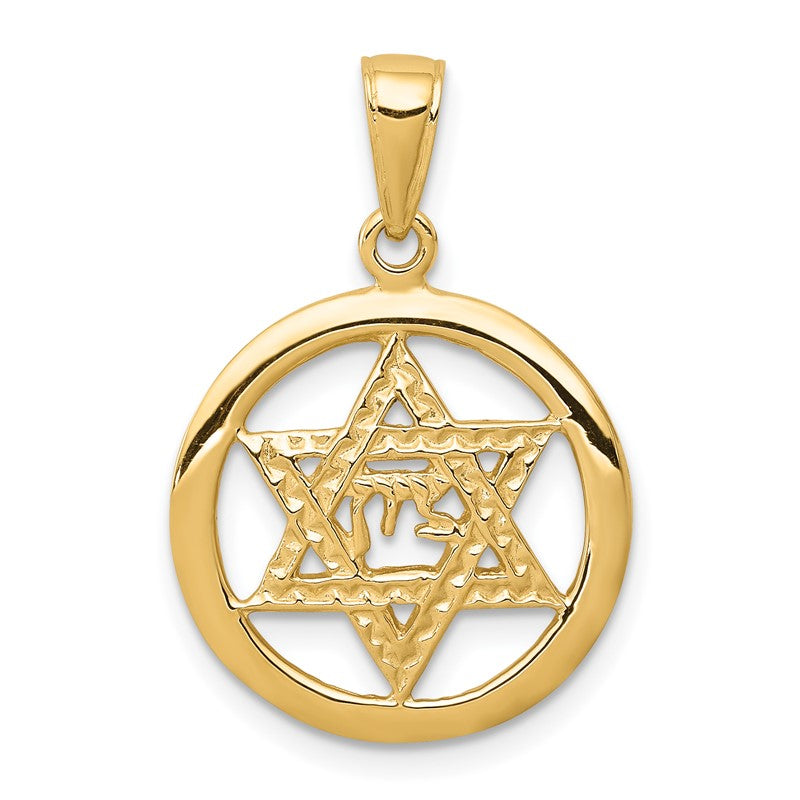 14K Jewish Chai In Star Of David Round Pendant C3986